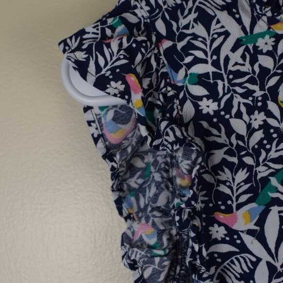 LOFT Navy Tropical Bird Print Ruffle Bright Blouse Summer Spring Lightweight - M - Picture 3 of 12